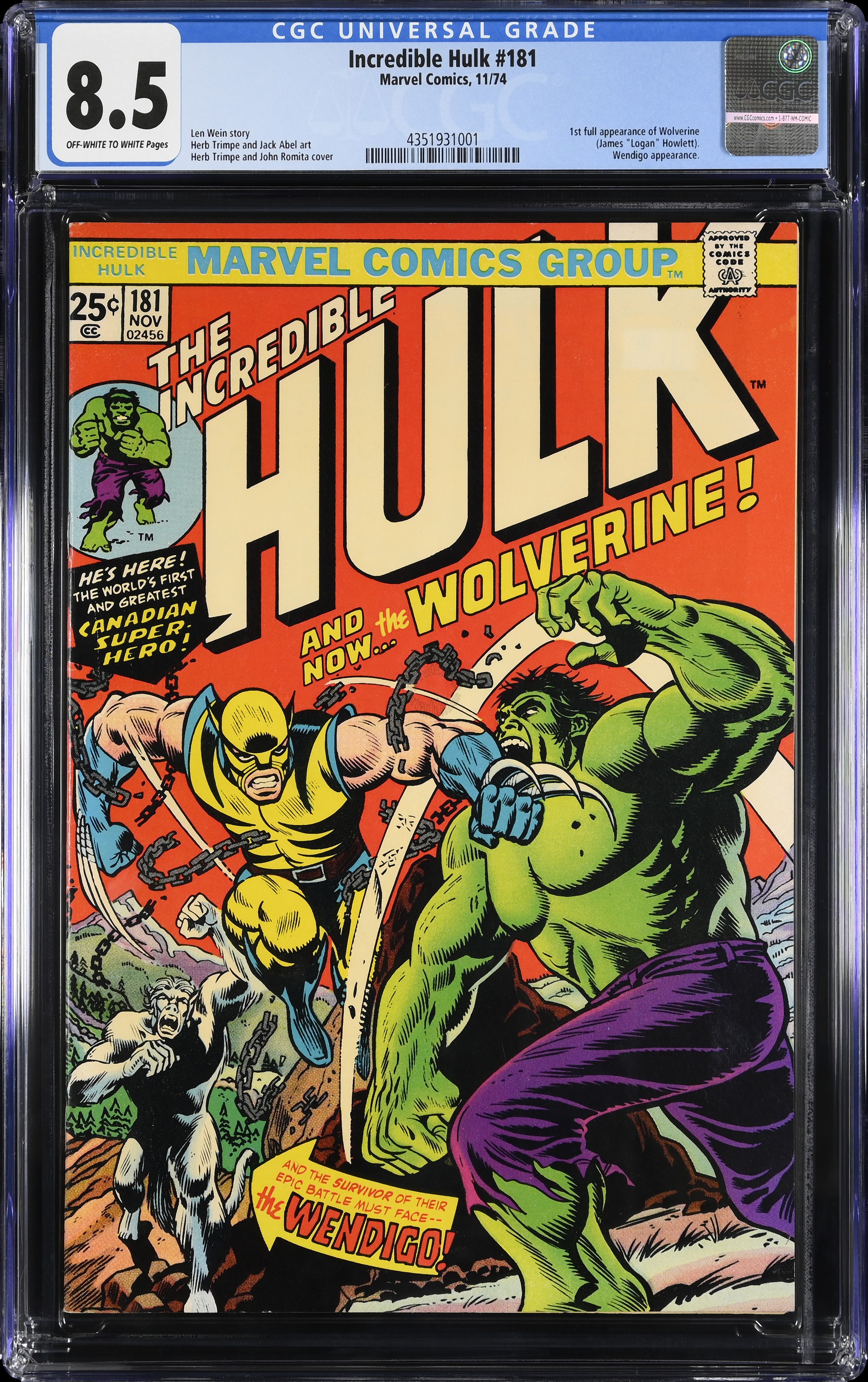 INCREDIBLE HULK #181 - CGC 8.5 - 1ST FULL APPEARANCE AND ORIGIN OF WOLVERINE