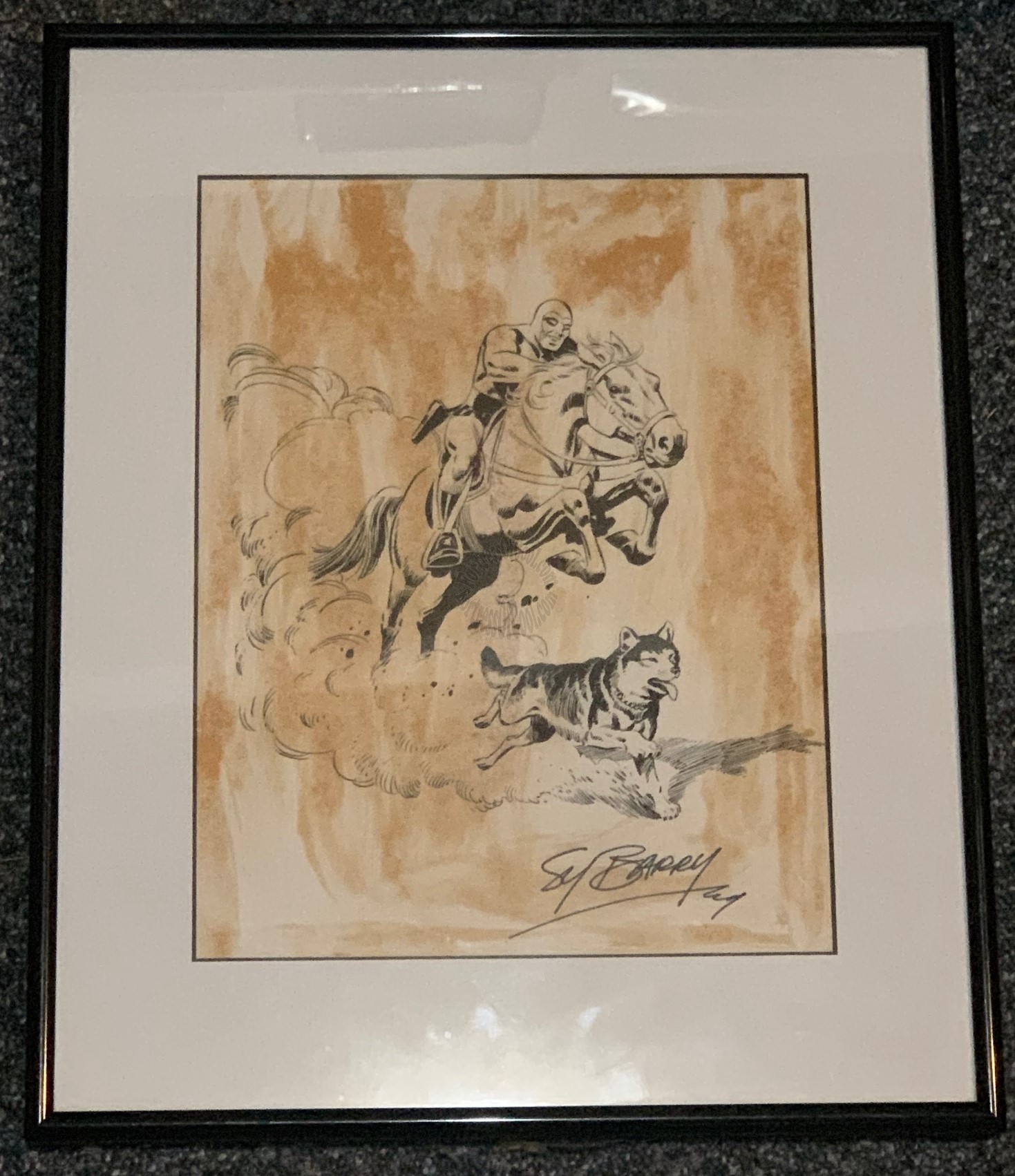 THE PHANTOM riding HERO with DEVIL - HAND SIGNED FRAMED PRINT by STRIP ARTIST - SY BARRY