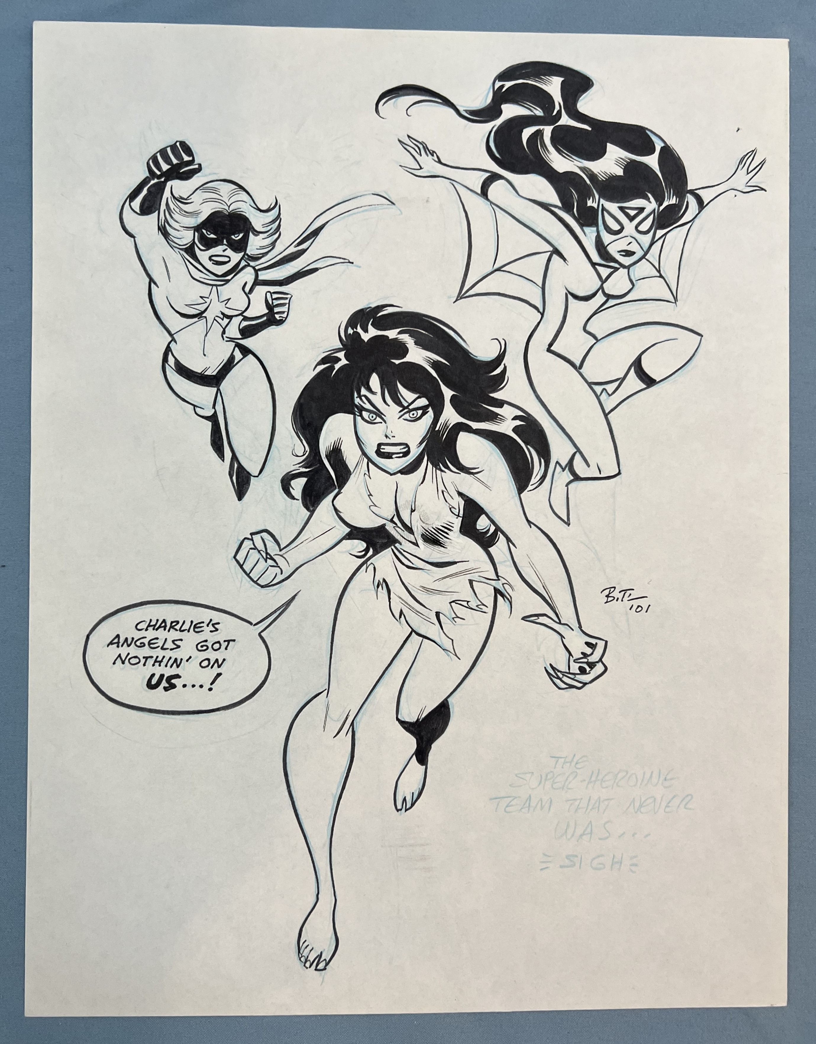 She-Hulk, Spider-Woman, Ms. Marvel - Super-Heroine Team - Bruce Timm Signed Original Sketch