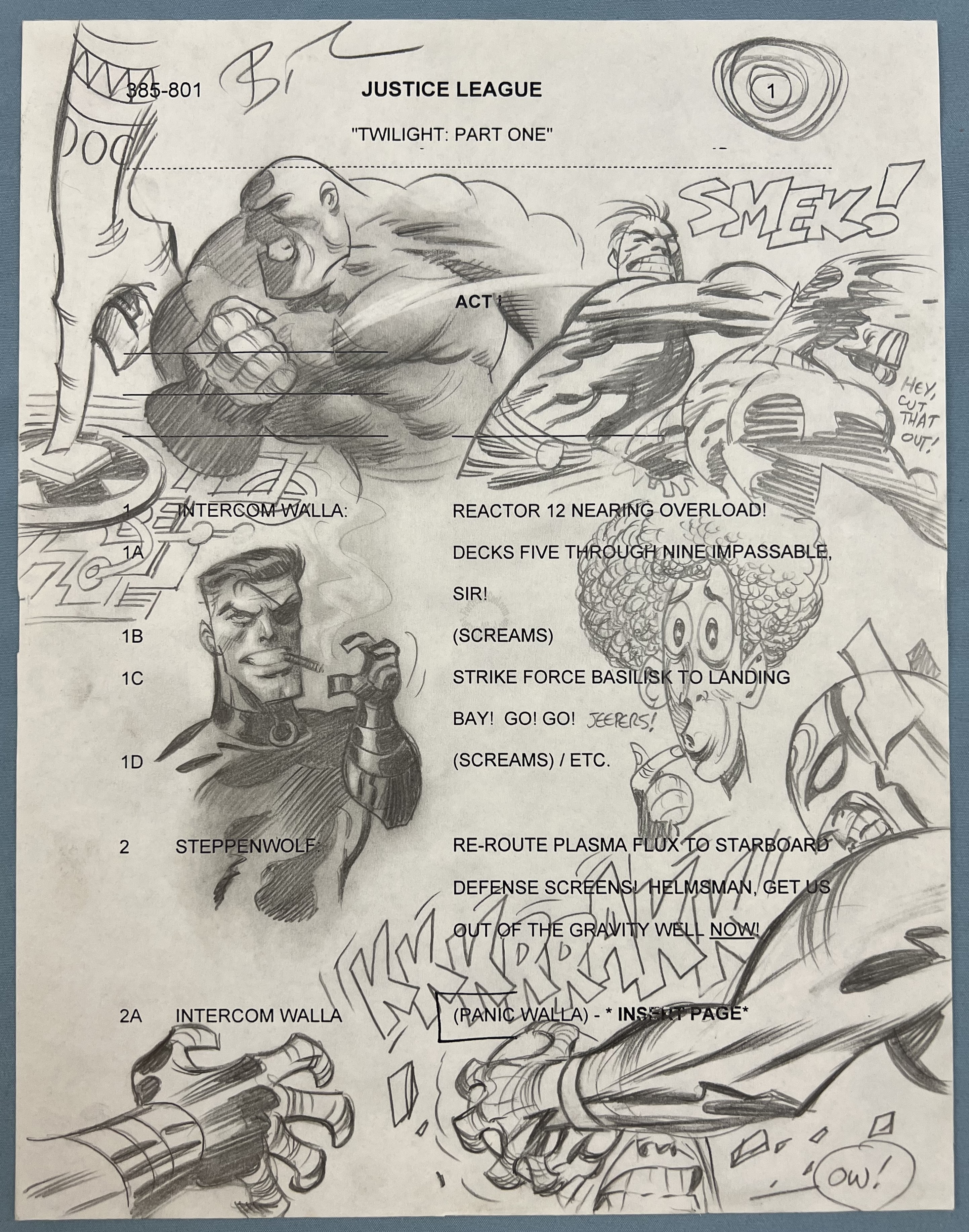 BRUCE TIMM -SIGNED- ORIGINAL SKETCH ASSORTMENT ON JUSTICE LEAGUE SCRIPT PAGE