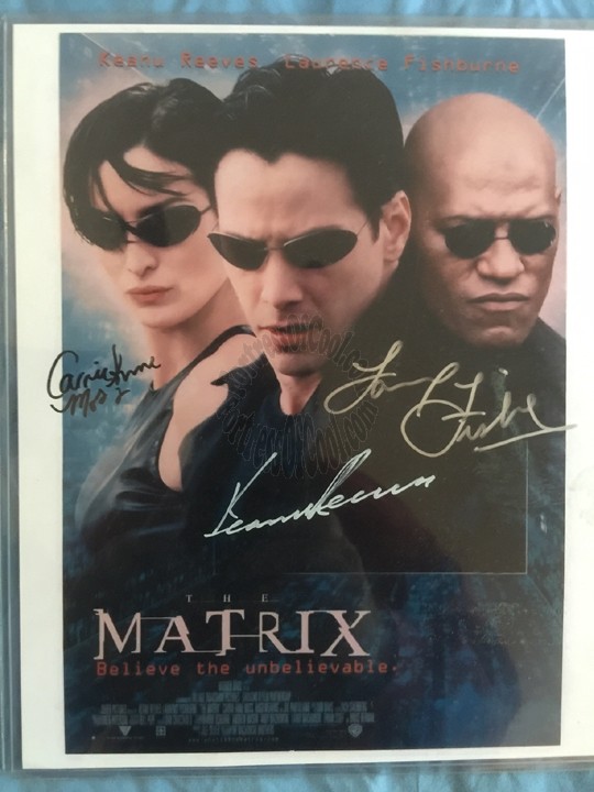 MATRIX AUTOGRAPHED 8X10 PHOTO - SIGNED BY KEANU REEVES, LAURENCE FISHBURNE, and CARRIE-ANNE MOSS